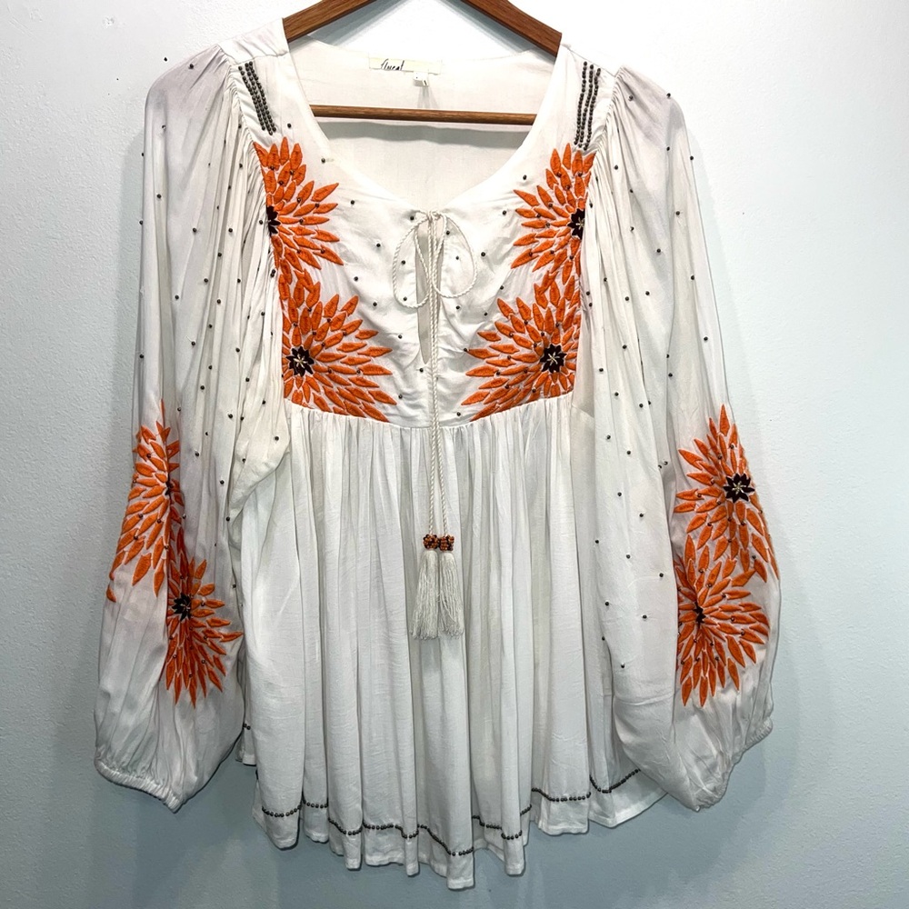 Anthropologie Floreat Austral Peasant Boho Blouse Top Women's S Front Tie Neck
